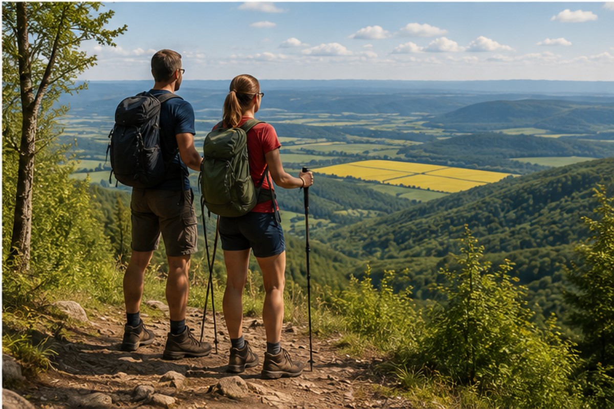Zwei Wanderer mit Ausblick in der Hohen Schrecke